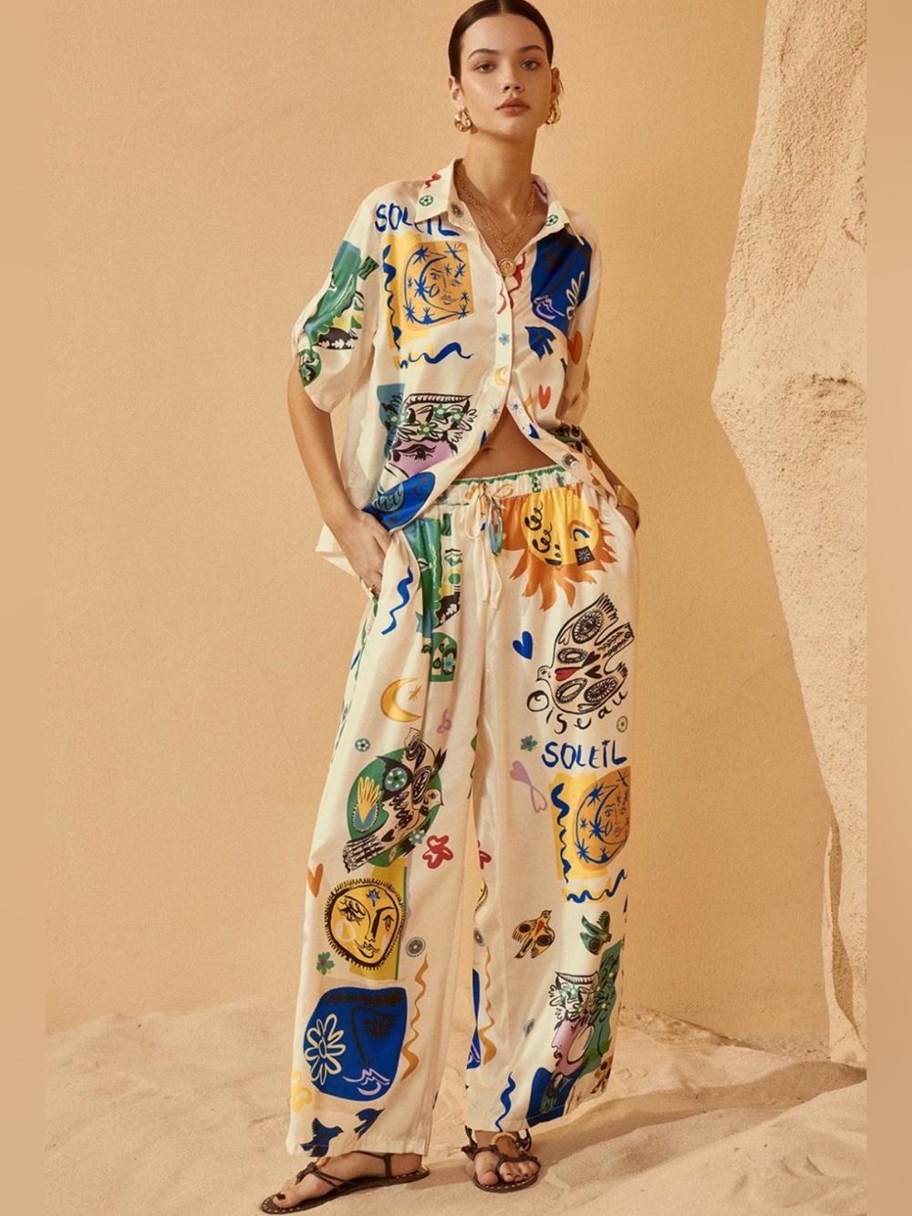 Commense Cream Wide-Leg Printed Lounge Pants with Multicolor Artwork